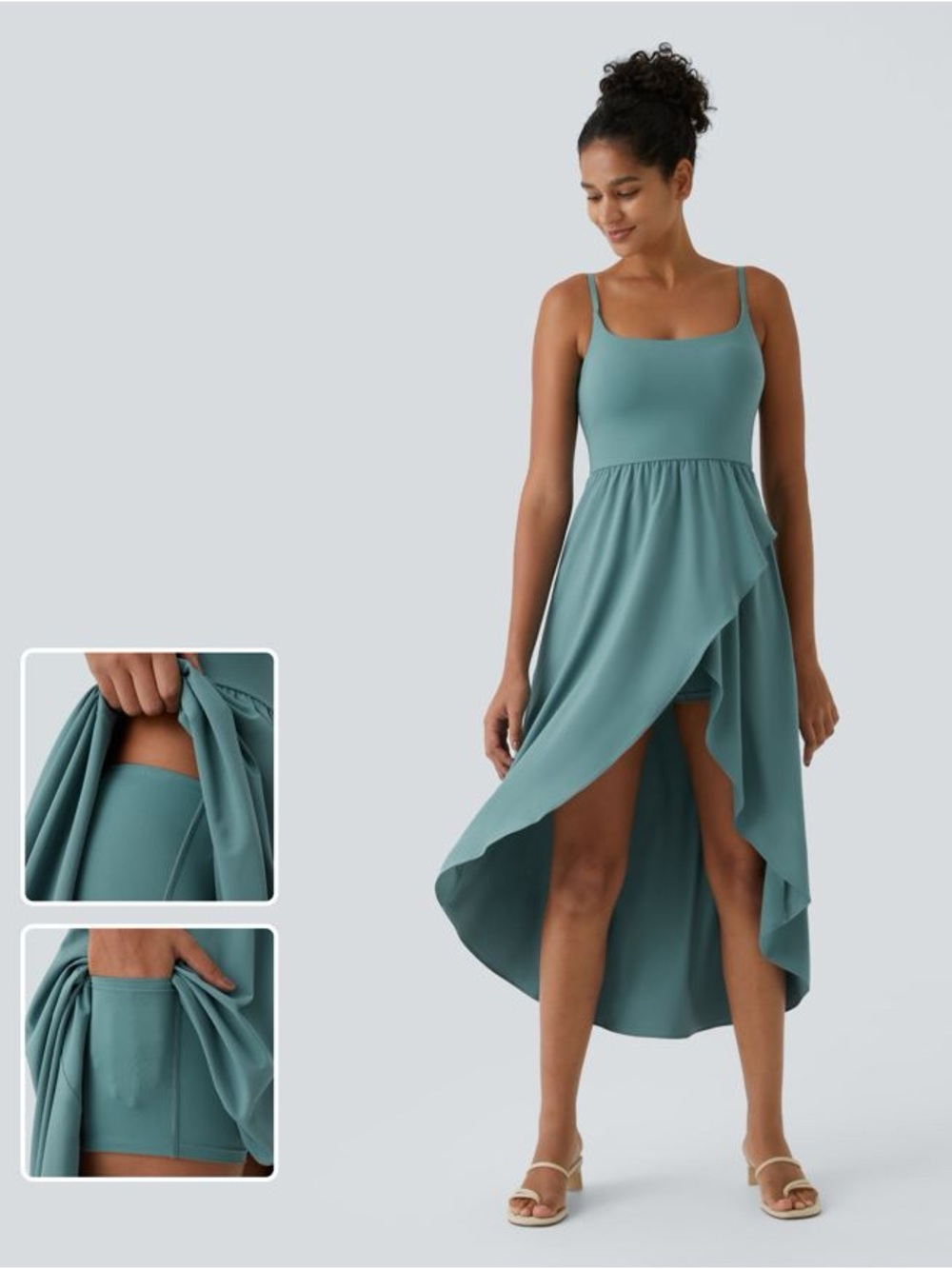 Breezeful Backless High Low 2-Piece Side Pocket Flowy Midi dress medium blue